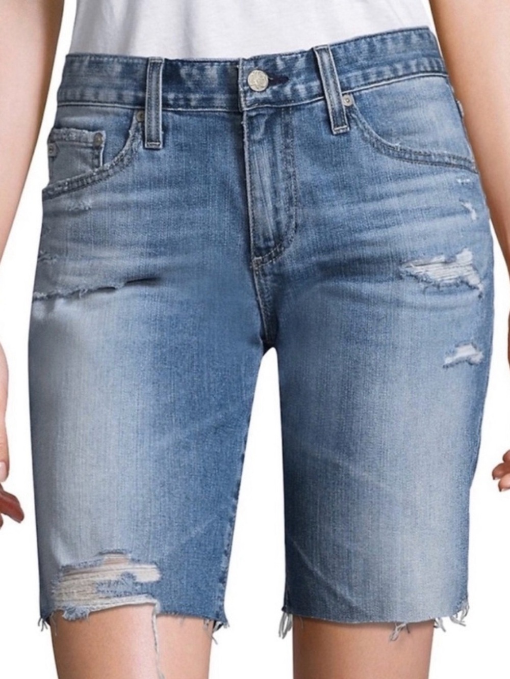 AG Adriano Goldschmied Light Blue Distressed Denim Nikki Shorts Relaxed Skinny